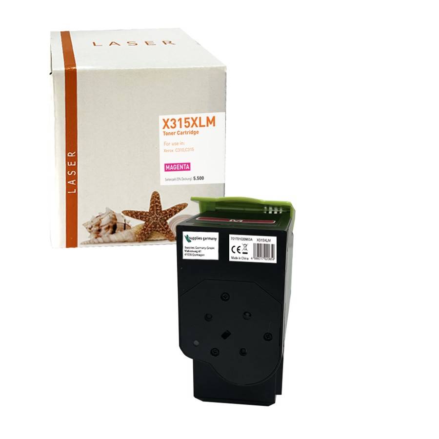 Magentafarbene Laser-Tonerkartusche vor einer Box mit der Bezeichnung 'X315XLM', dargestellt als Produktverpackung auf weißem Hintergrund.