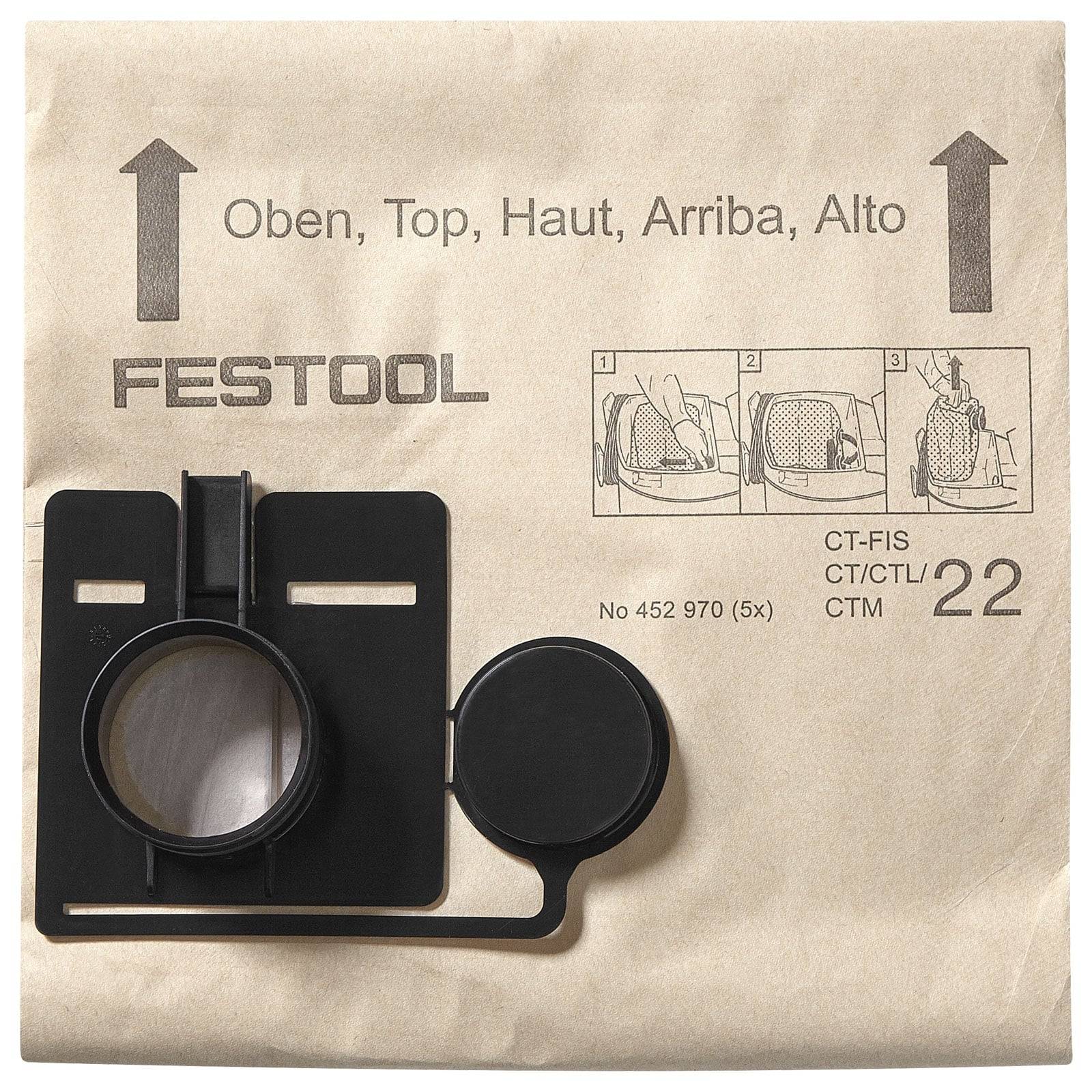 Festool Staubsaugerbeutel mit Kunststoffadapter, gekennzeichnet mit 'Oben, Top, Haut, Arriba, Alto'. Anleitung zeigt einen dreistufigen Einsetzvorgang.