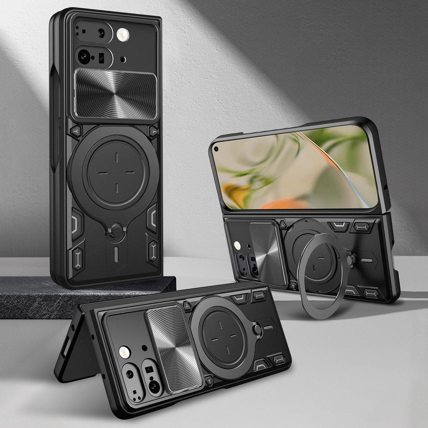 Für Google Pixel 9 Pro Fold CD Textur Sliding Kamera TPU / PC Schutz Hülle Ring Halterung Silber