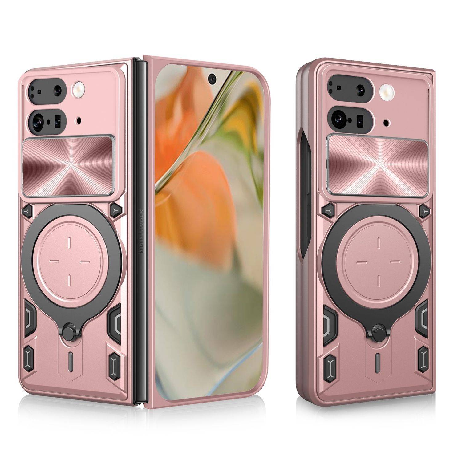 Für Google Pixel 9 Pro Fold CD Textur Sliding Kamera TPU / PC Schutz Hülle Ring Halterung Rosa