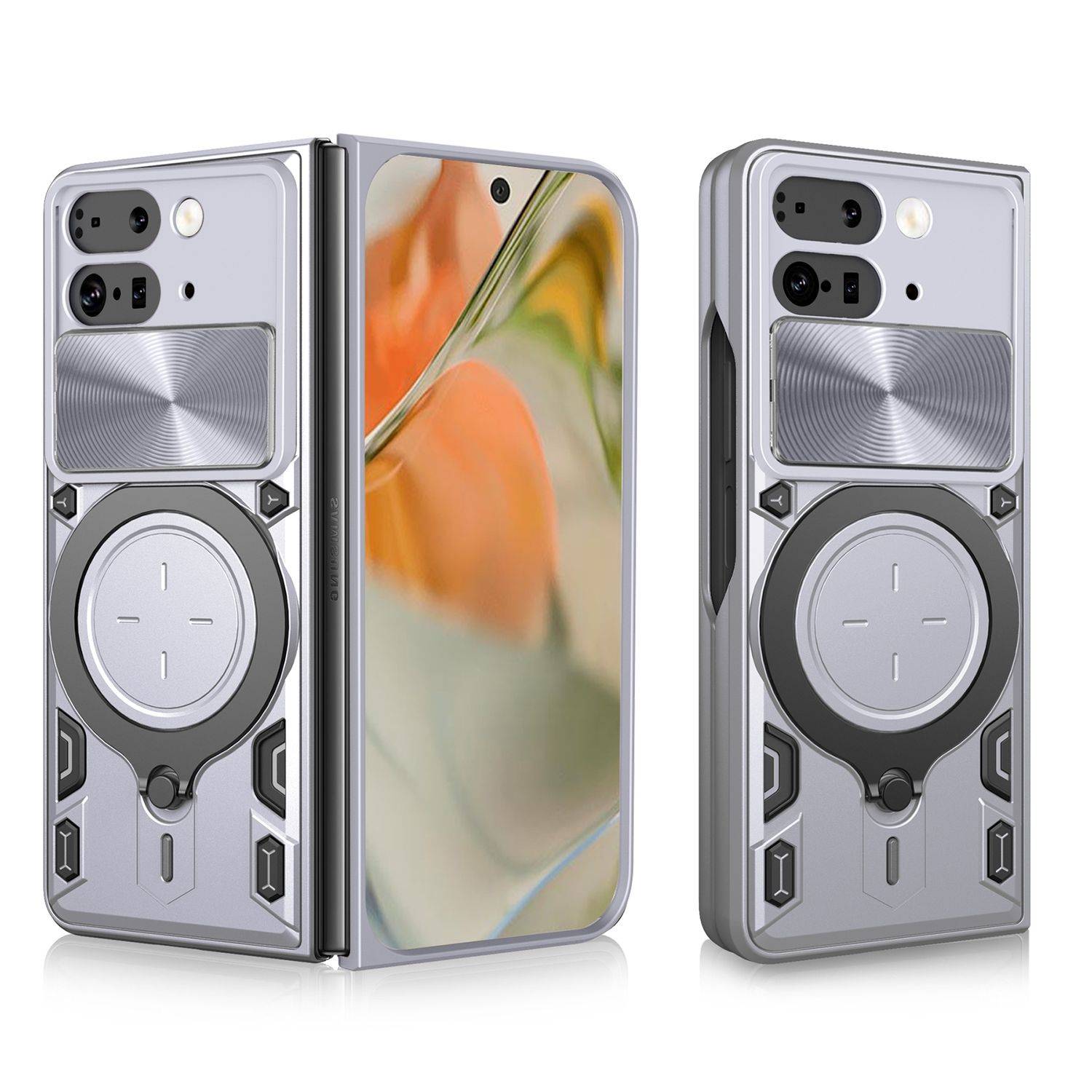 Für Google Pixel 9 Pro Fold CD Textur Sliding Kamera TPU / PC Schutz Hülle Ring Halterung Silber