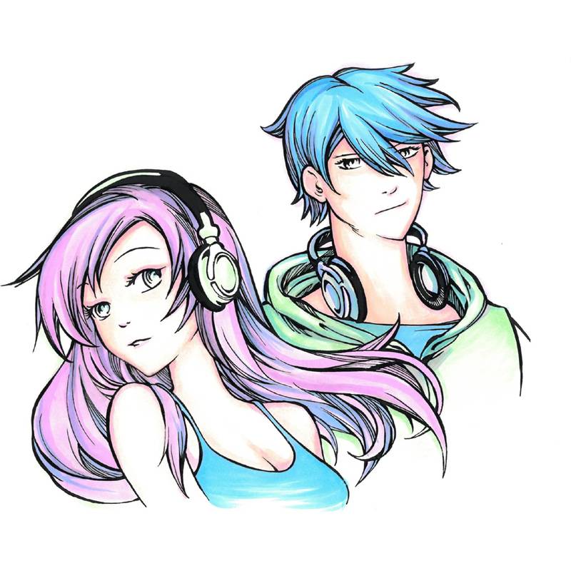 Zwei Anime-Charaktere mit Kopfhörern; einer mit langen lila Haaren und der andere mit kurzen blauen Haaren, beide geradeaus blickend.