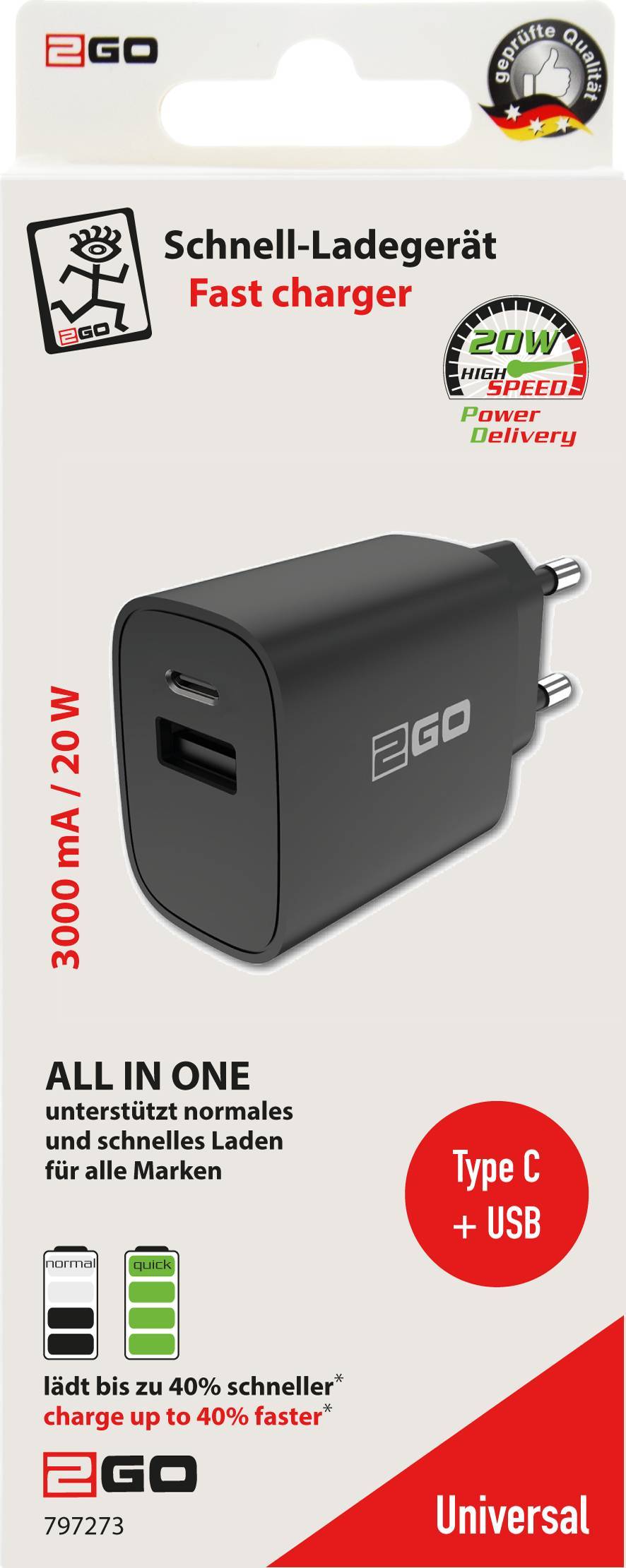 2GO Ladegerät 20W 2-Port 1x USB-A u. 1x USB-C schwarz Multimedia-Technik
