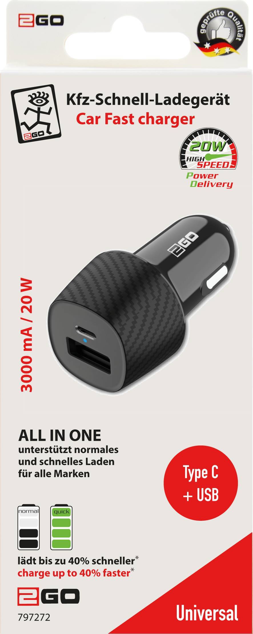 2GO KFZ-Ladegerät 20W 1xUSB-C 1xUSB-A schwarz Multimedia-Technik Ladegerät