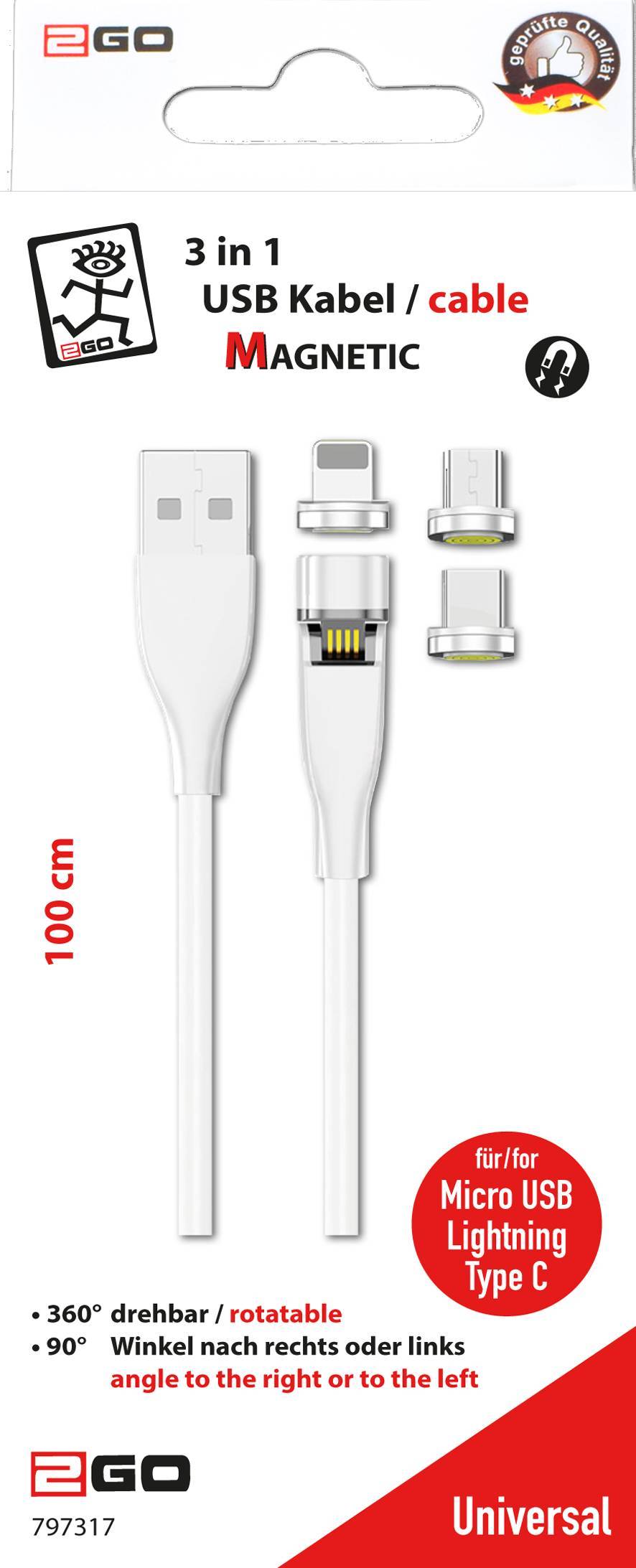 2GO USB 3in1 Magnetic Kabel drehb.Micro-USB,Lightn.,USB-C 1m Multimedia-Technik Ladegerät