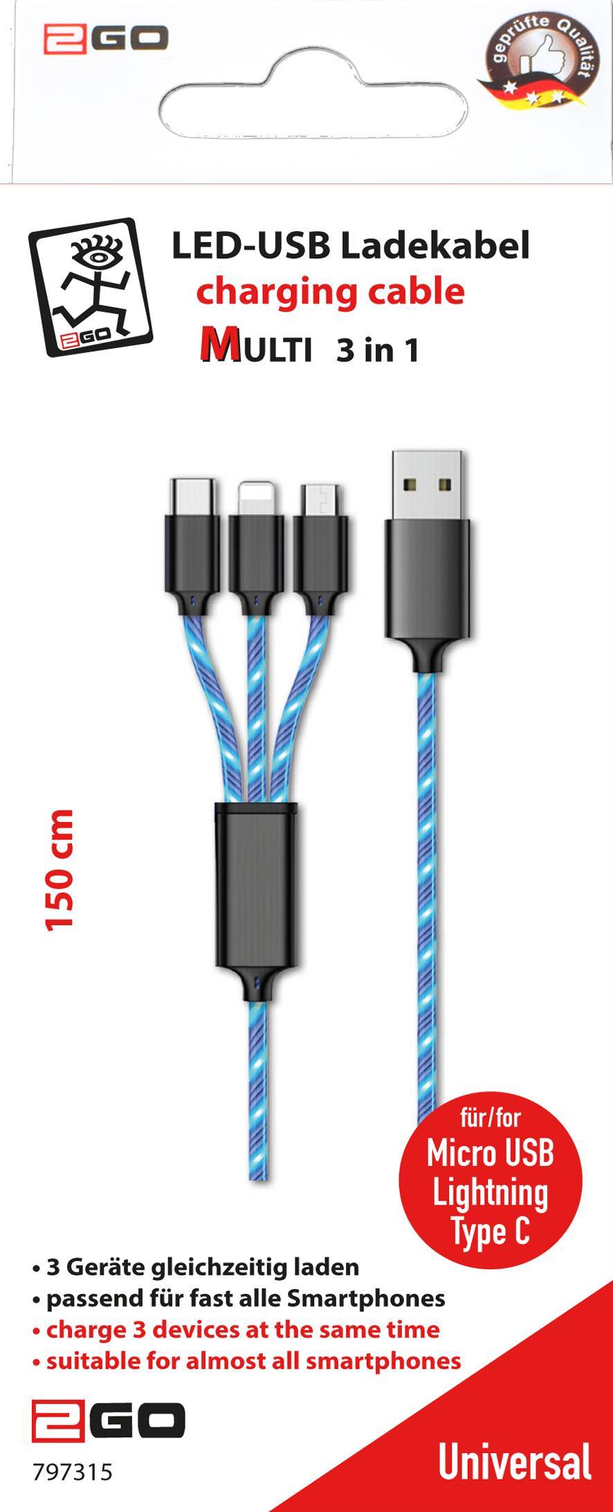 2GO 3in1 USB LED Kabel blau Micro-USB,Lightning,USB-C 1,5m Multimedia-Technik Ladegerät