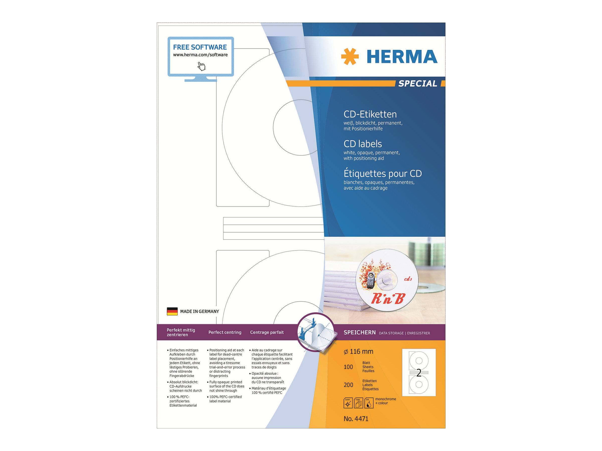 HERMA CD-Etiketten A4 weiß 116 mm Papier opak 200 St. Multimedia-Technik Etiketten