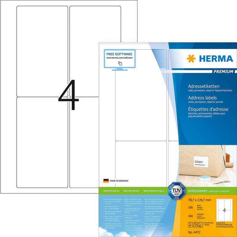 HERMA Adressetiketten A4 weiß 78,7x139,7 mm Papier 400 St. Multimedia-Technik Etiketten