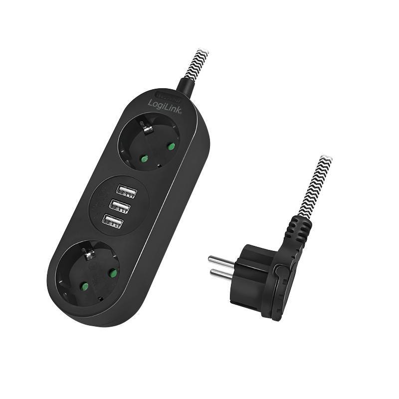 Logilink Steckdosenleiste 2-fach,2xCEE 7/3+3xUSB-A,Textilkab Multimedia-Technik Steckdosenleisten