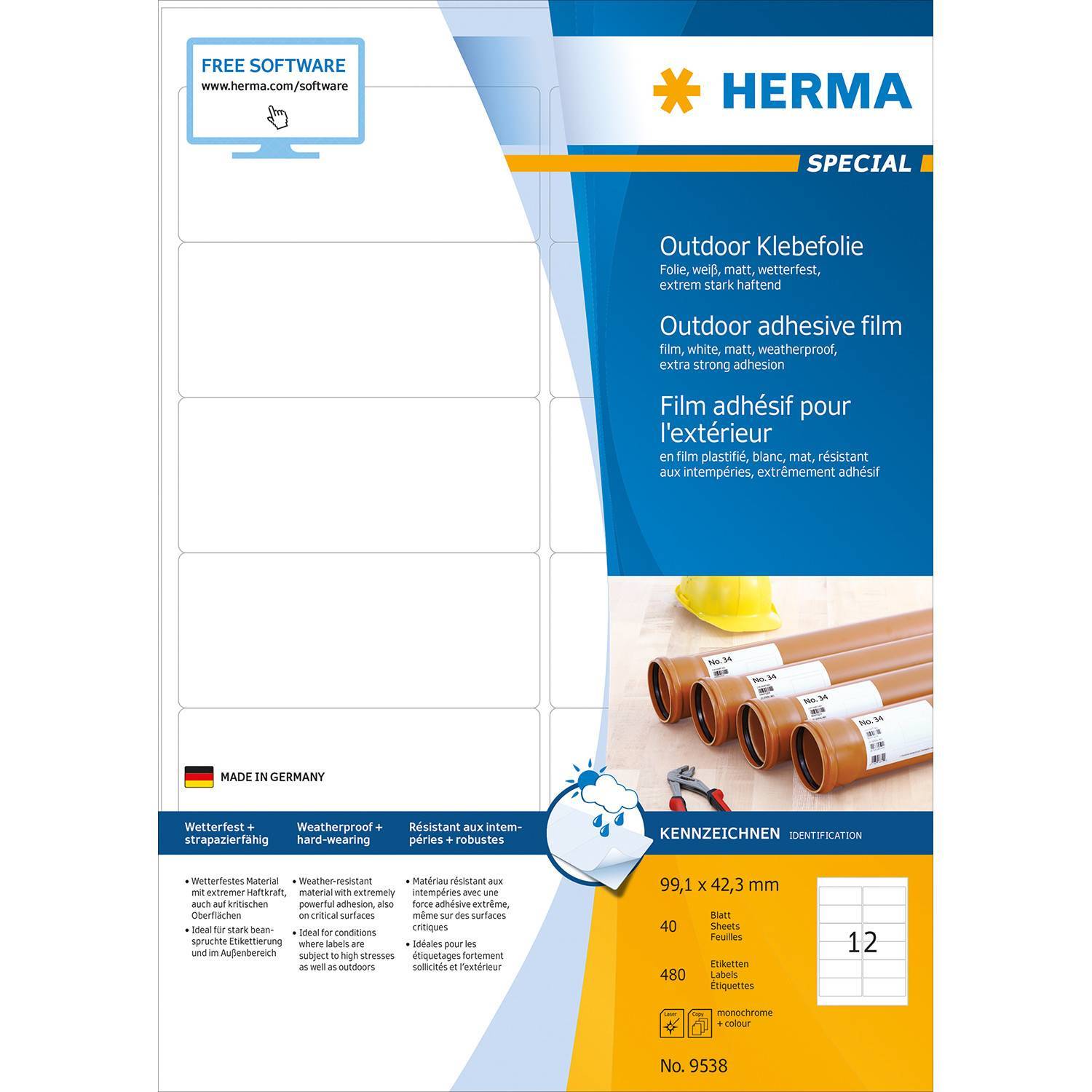 HERMA Etik. A4 Outdoor Klebefolie weiß 99,1x42,3mm 480 St. Multimedia-Technik Etiketten