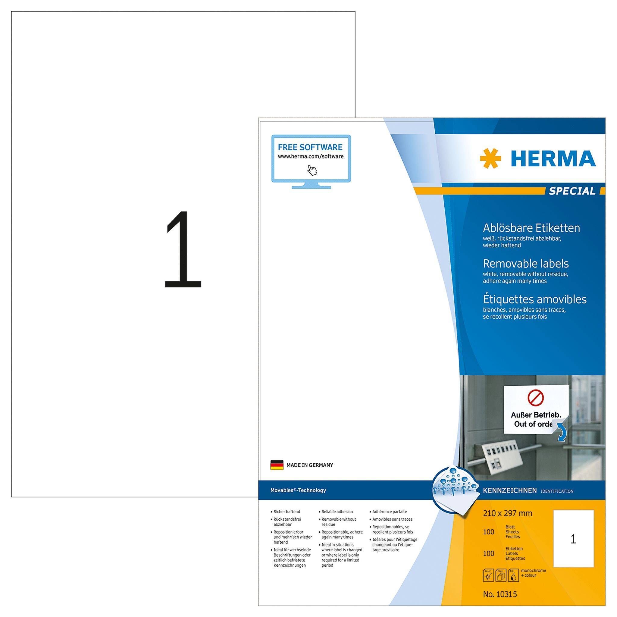 HERMA Etiketten A4 weiß 210x297 mm ablösb. Papier 100 St. Multimedia-Technik