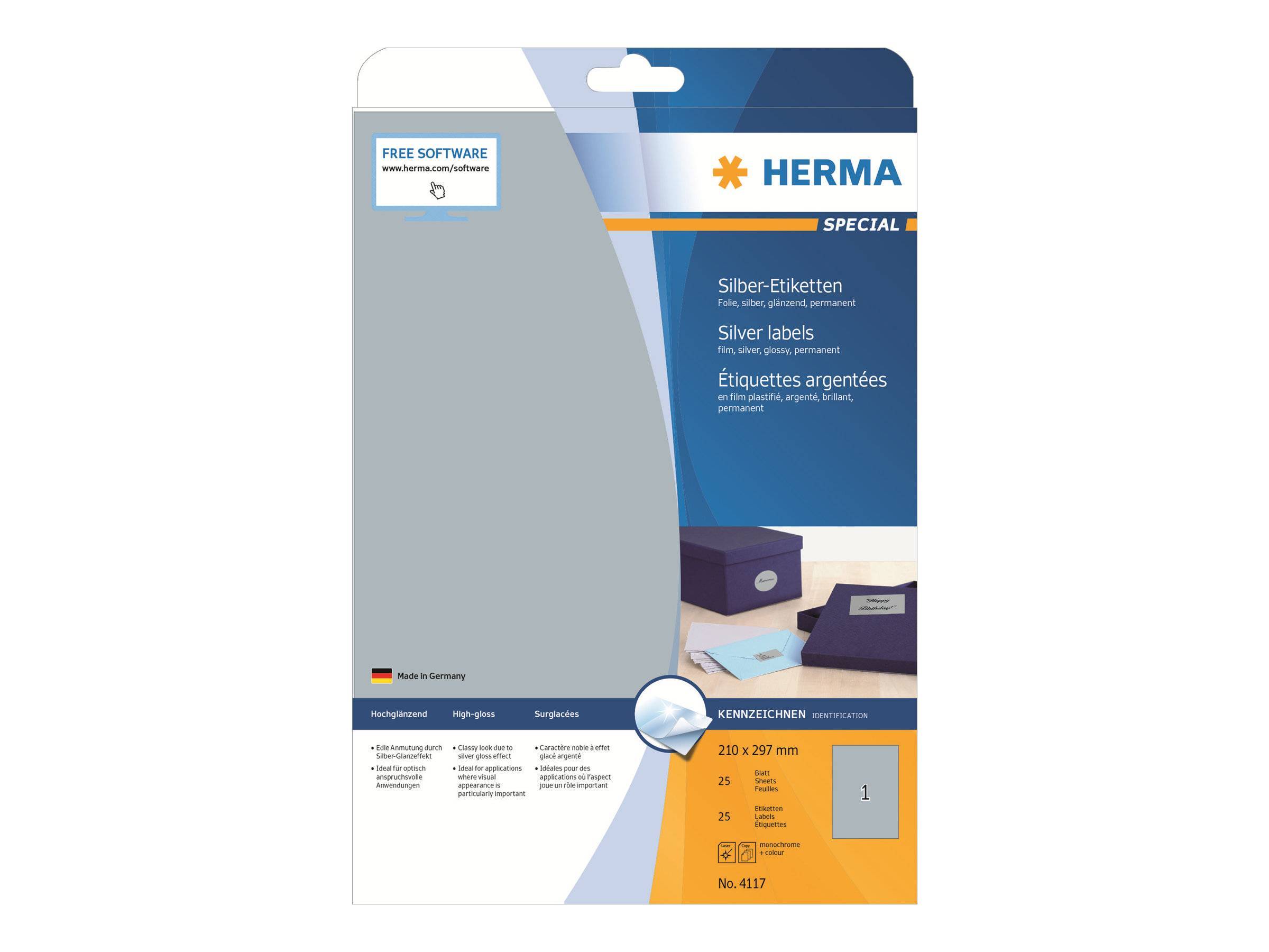 HERMA Etiketten A4 silber 210x297 mm Folie glänz. 25 St. Multimedia-Technik