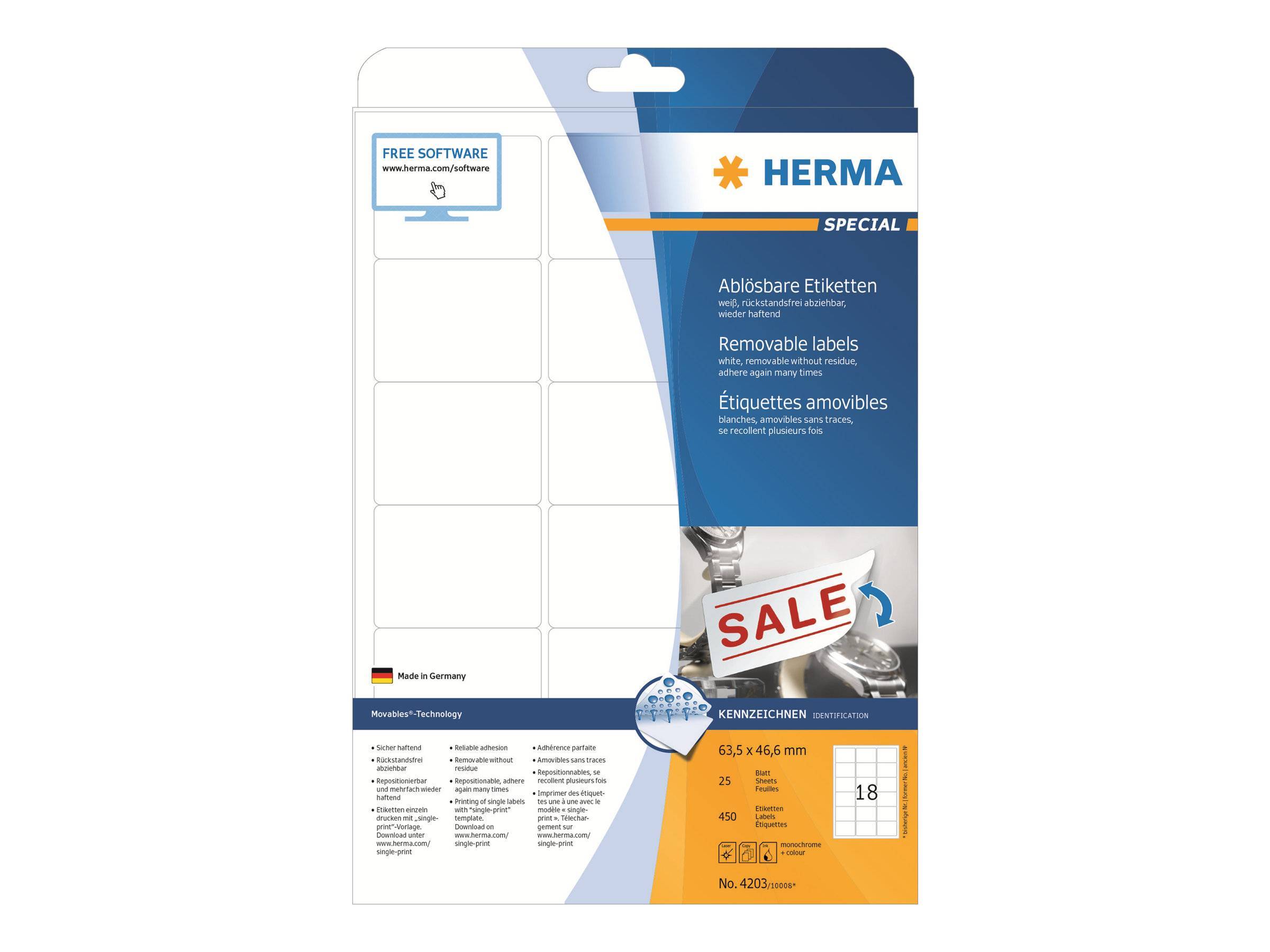 HERMA Etiketten A4 weiß 63,5x46,6 mm ablösbar Papier 450 St. Multimedia-Technik