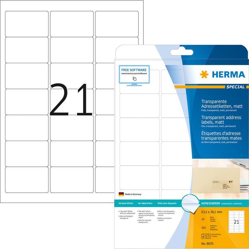 HERMA Etiketten transp. matt A4 63,5x38,1 mm Folie 525 St. Multimedia-Technik