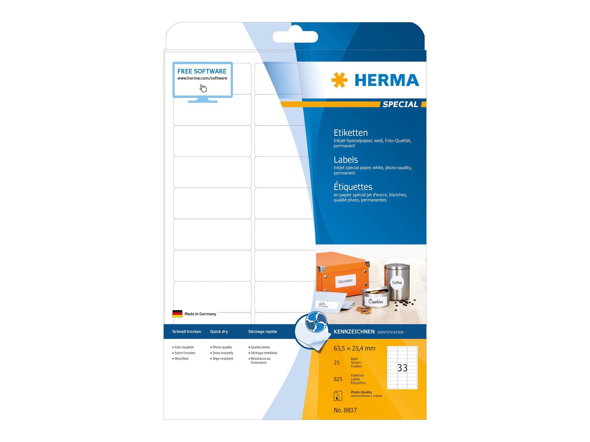 HERMA Inkjet-Etiketten A4 weiß 63,5x25,4 mm Papier 825 St. Multimedia-Technik Etiketten
