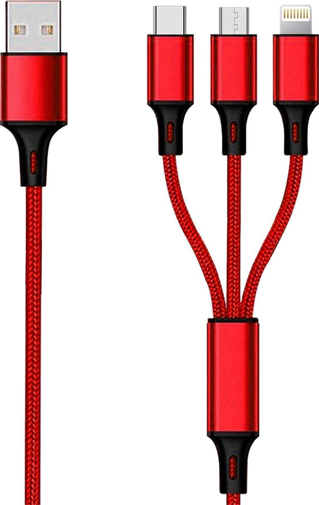 2GO 3in1 USB Ladekabel Micro-USB,Apple,TypeC Nylon 1,5m rot Multimedia-Technik