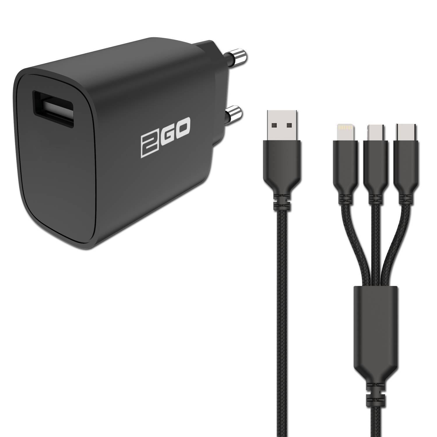 2GO Ladegerät 15W inkl. Kabel 1xUSB-A 1xMicroUSB 1xLightn sw Multimedia-Technik