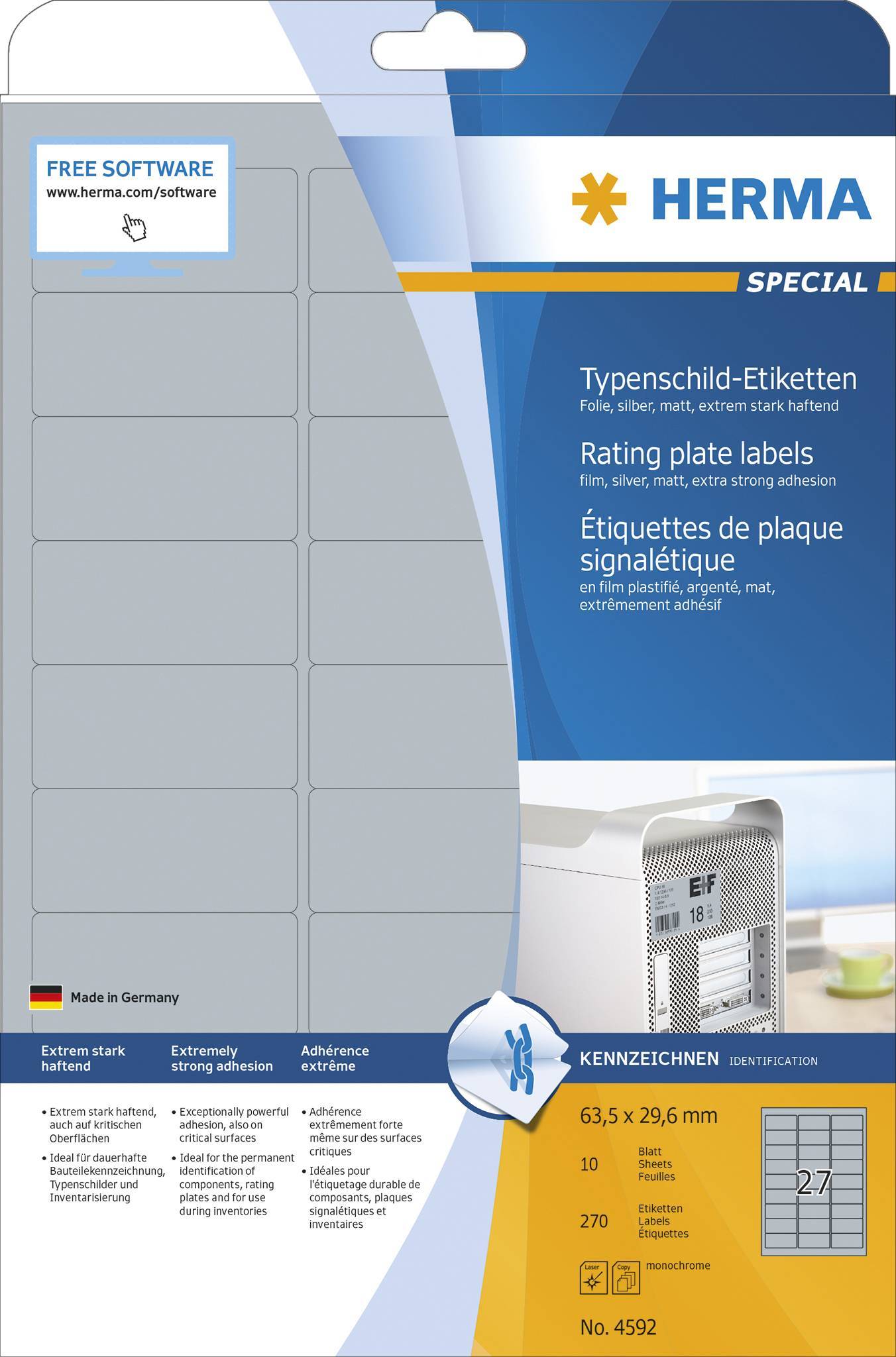 HERMA Typenschildetiketten A4 63.5x29.6 mm Folie 270 St. Multimedia-Technik Etiketten