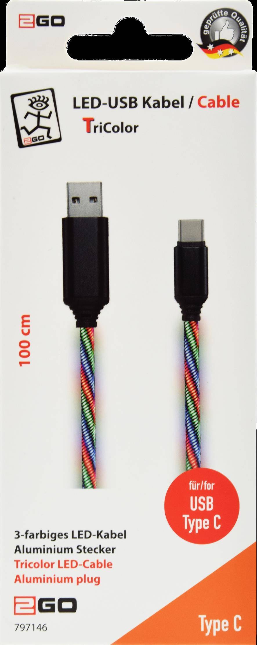2GO USB Datenkabel Tricolor LED-Beleucht. USB-C 3.1 1m Multimedia-Technik Kabel