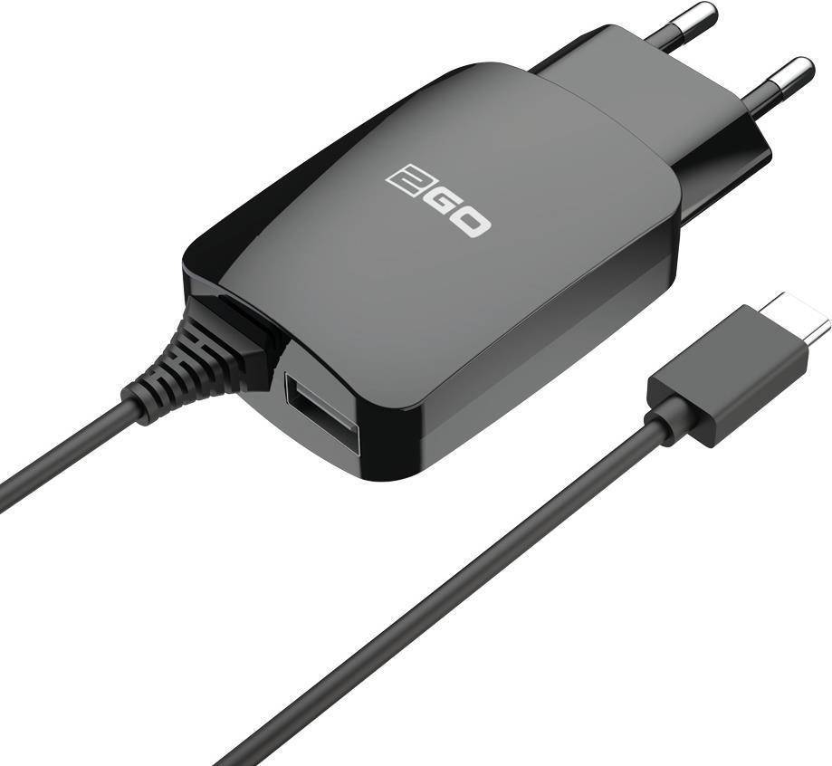 2GO Ladegerät 12W USB-C + 1-Port 1x USB-A Kabel 1,4m schwarz Multimedia-Technik