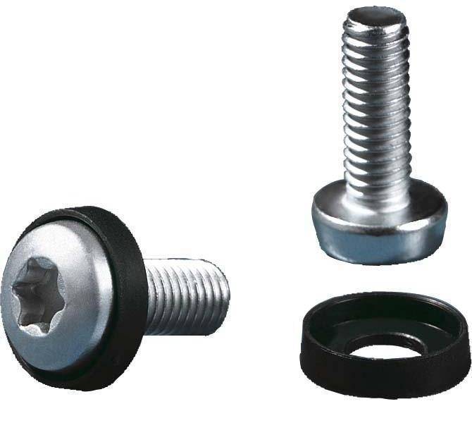Torx-Schrauben mit Unterlegscheiben, von der Seite und in aufrechter Position gezeigt, mit Hervorhebung der sternförmigen Nut und der Metalloberfläche.