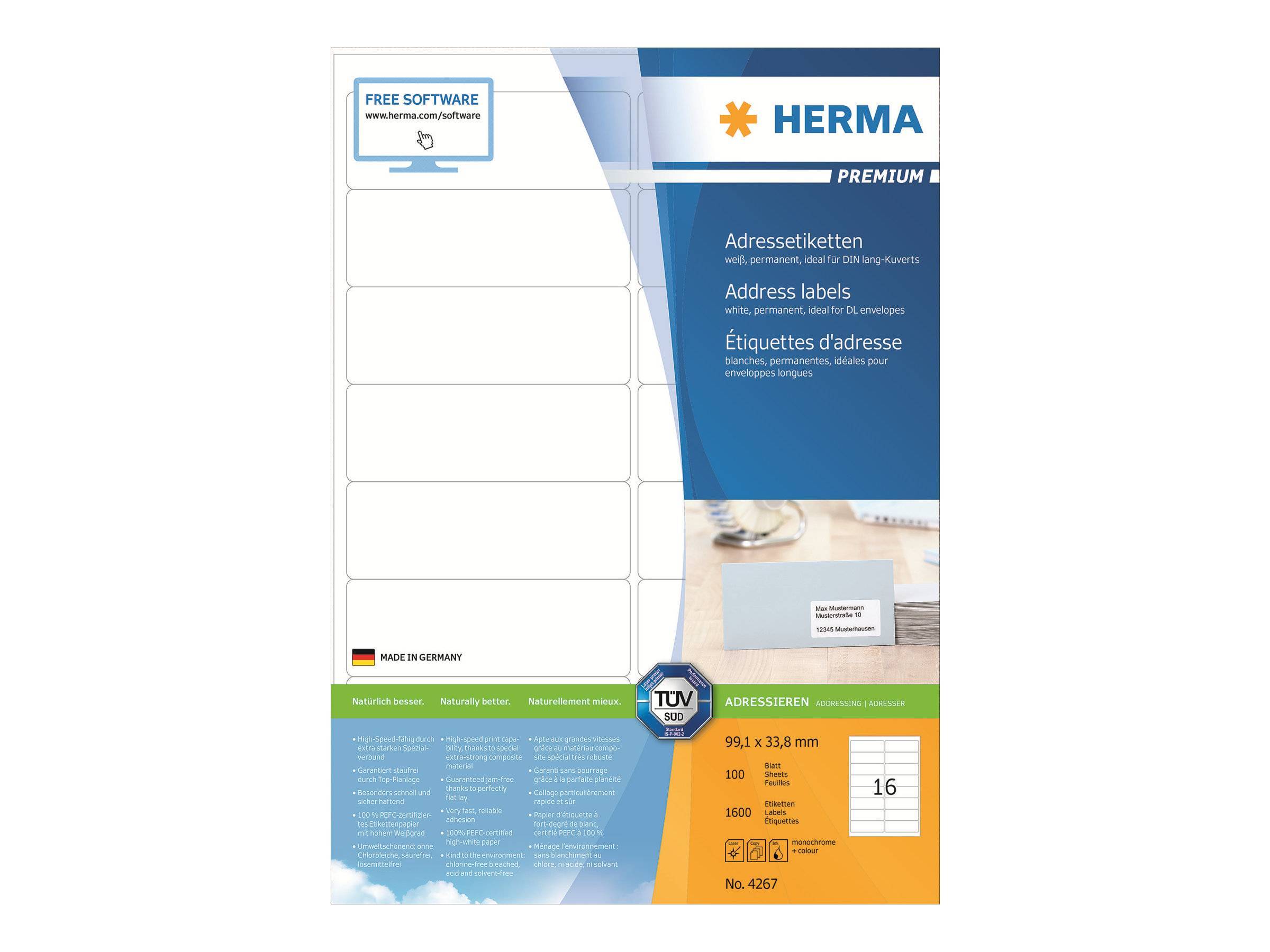 HERMA Adressetiketten A4 weiß 99,1x33,8 mm Papier 1600 St. Multimedia-Technik Etiketten