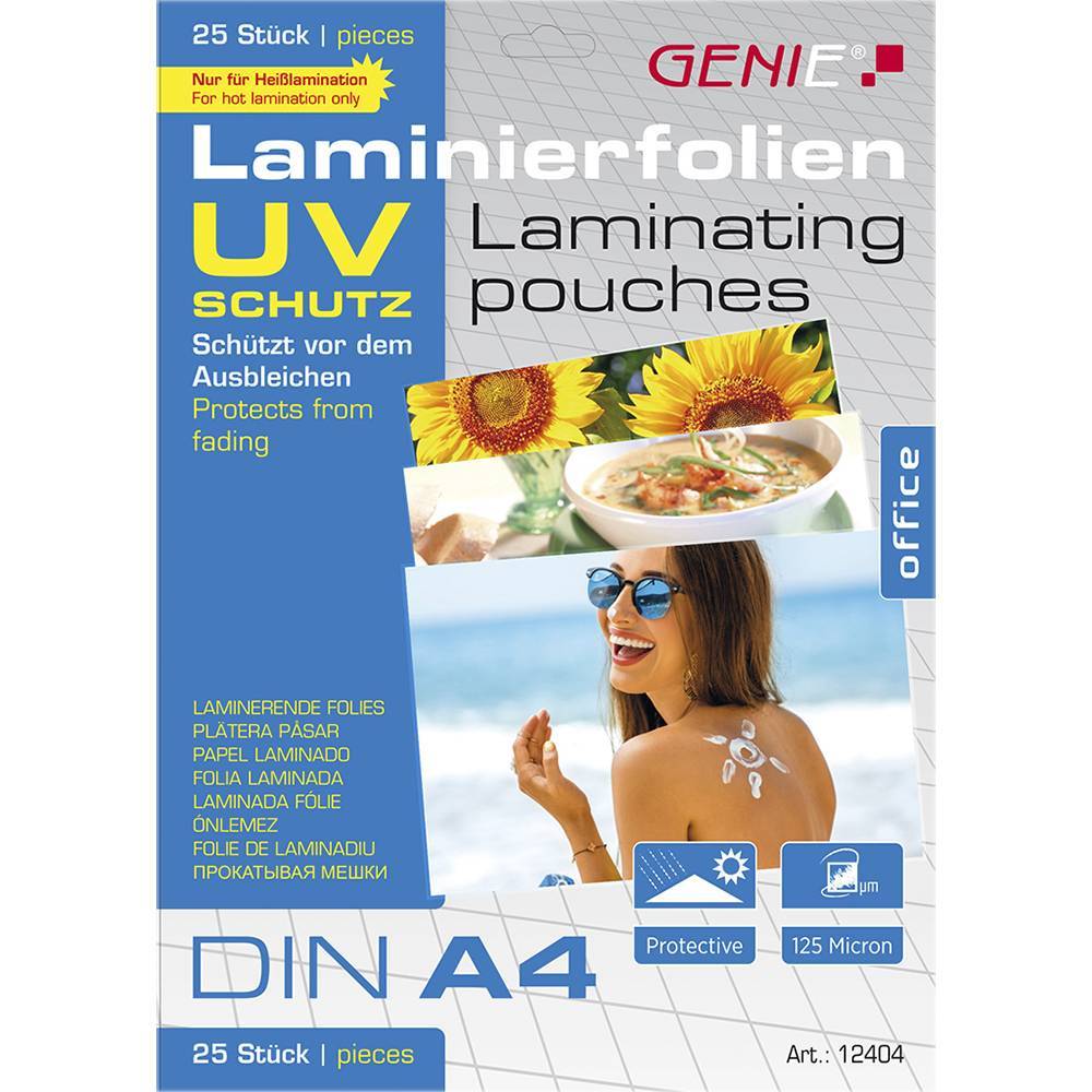 GENIE Laminiertaschen 25 A4 Folien mit UV Schutz 125 Mic. Multimedia-Technik Laminierfolien