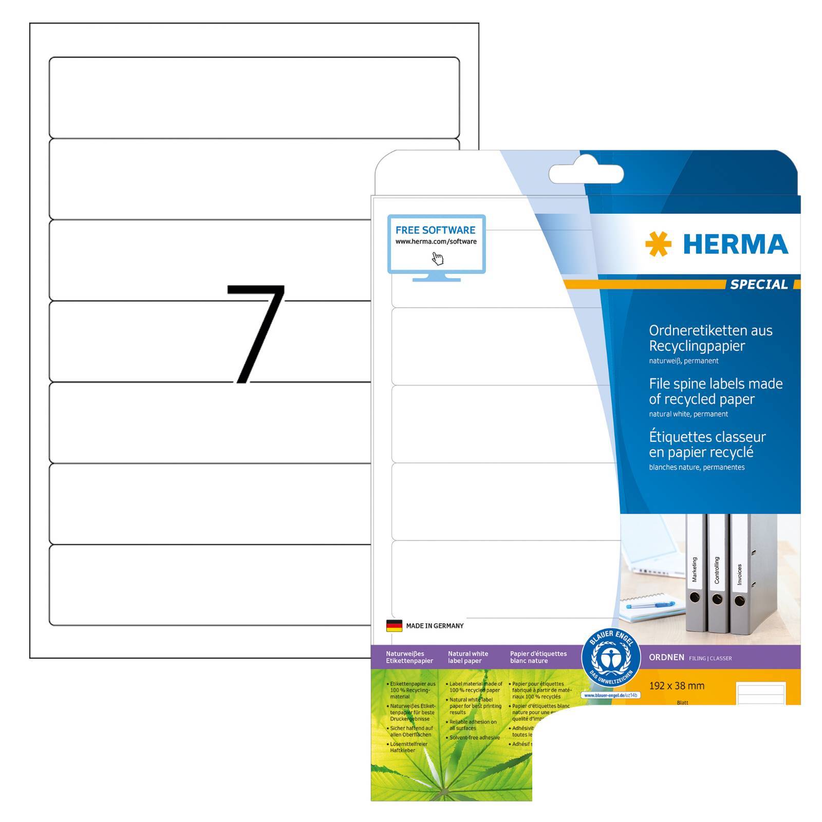 HERMA Ordneretiketten Recycling A4 20 Blatt 192x38 Multimedia-Technik Etiketten