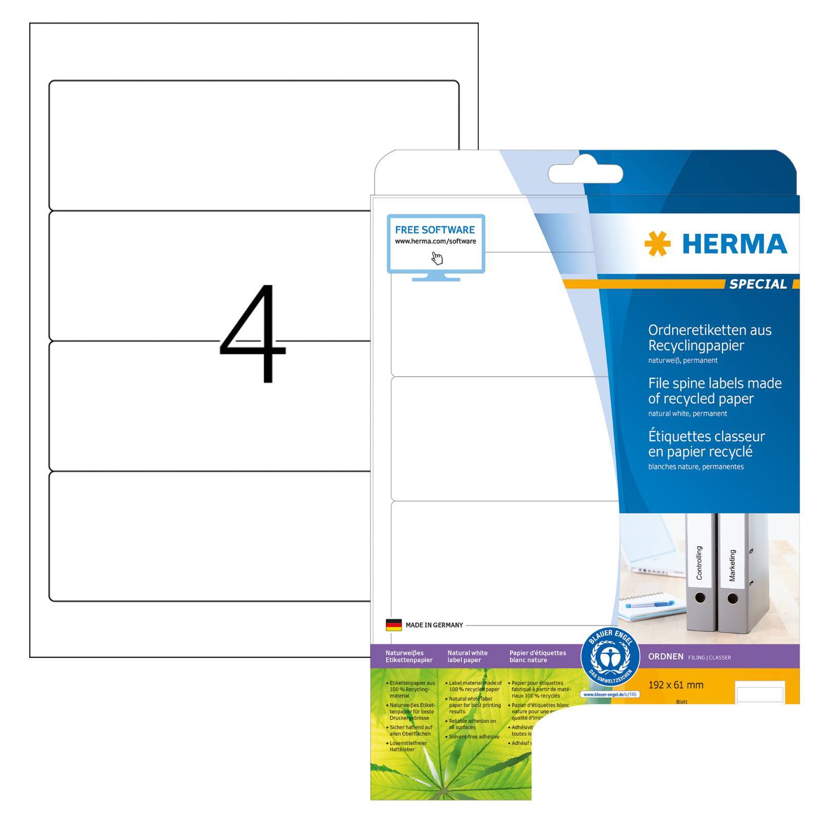 HERMA Ordneretiketten Recycling A4 20 Blatt 192x61 Multimedia-Technik Etiketten