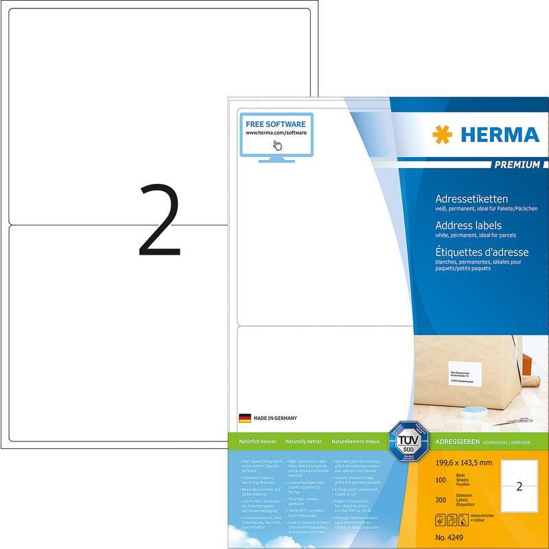 HERMA Adressetiketten A4 weiß 199,6x143,5 mm Papier 200 St. Multimedia-Technik Etiketten