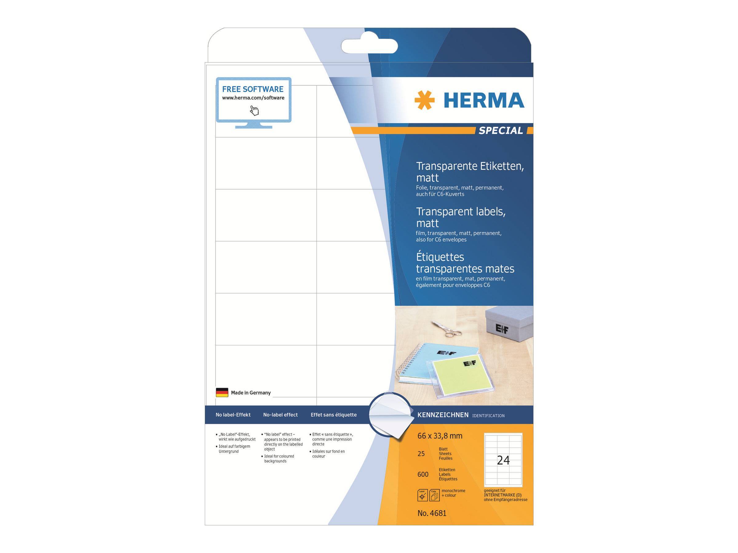 HERMA Etiketten transp. matt A4 66x33,8 mm Folie 600 St. Multimedia-Technik