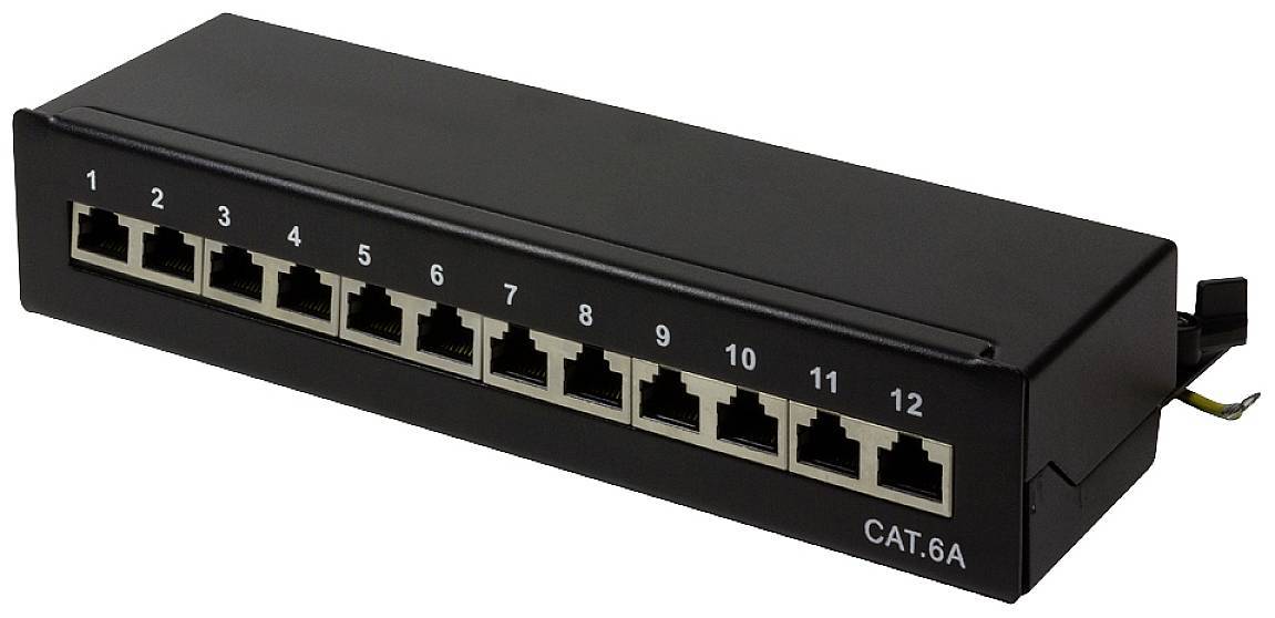 Logilink Patchpanel Tisch/Wand Cat.6A STP 12 Ports, schwarz Multimedia-Technik
