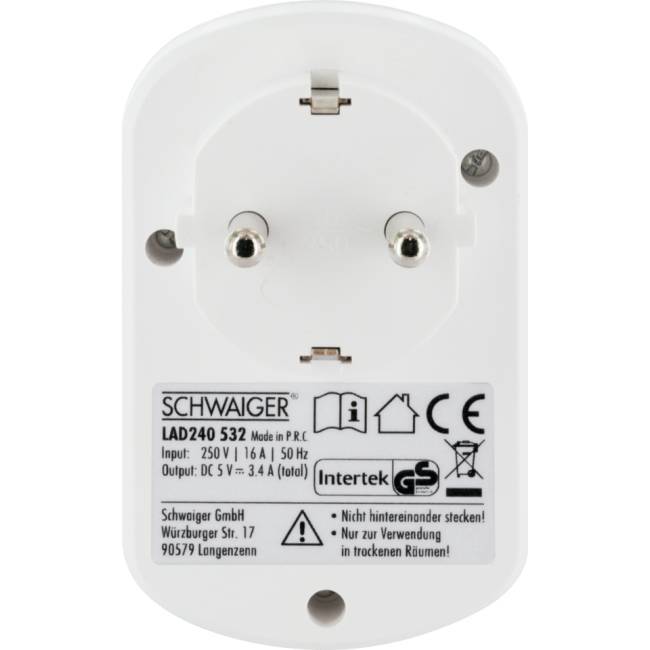 Schwaiger Ladegerät mit Steckdose 2xUSB 230V 3400mA Weiß Multimedia-Technik