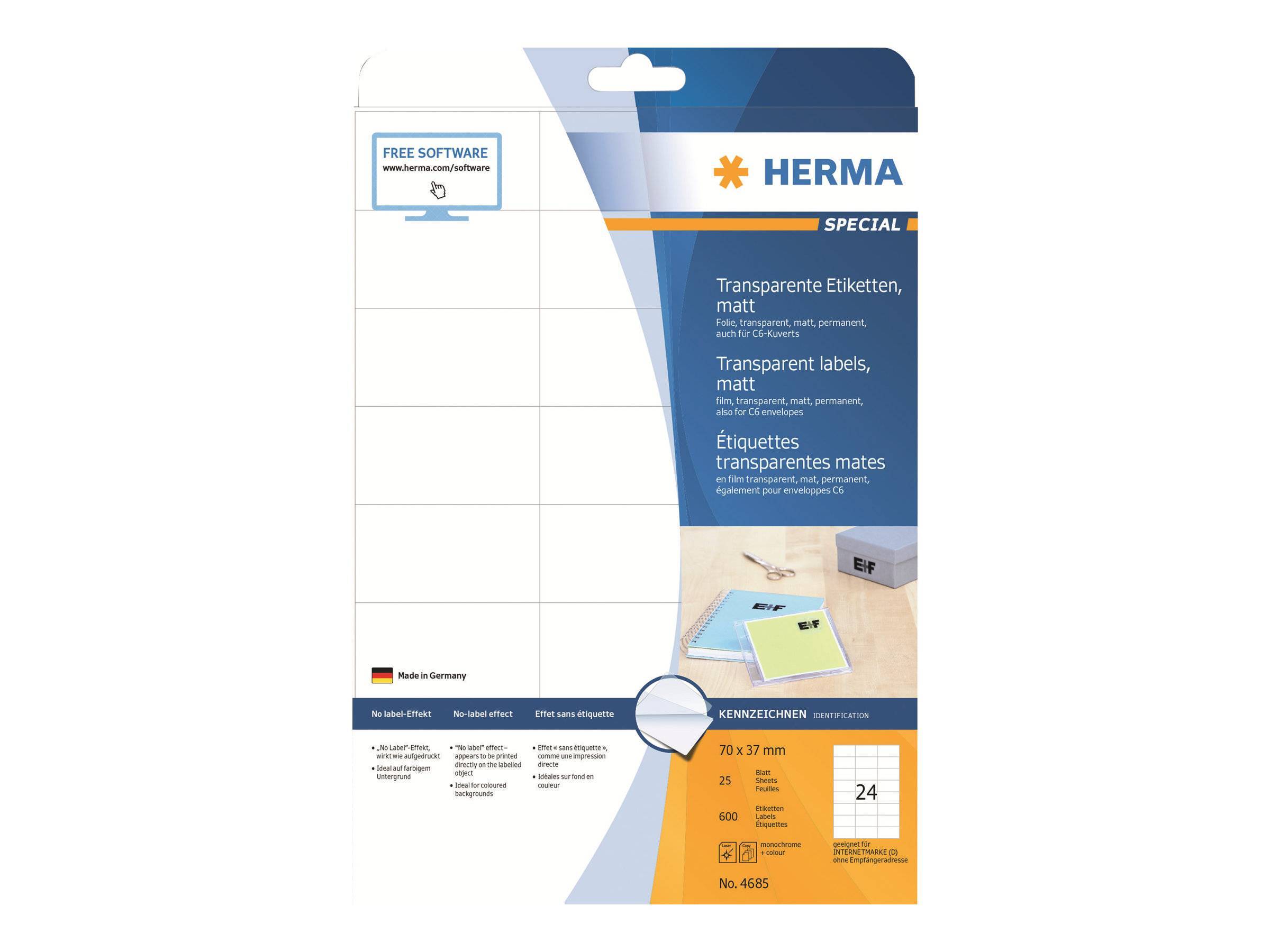 HERMA Etiketten transp. matt A4 70x37 mm Folie 600 St. Multimedia-Technik