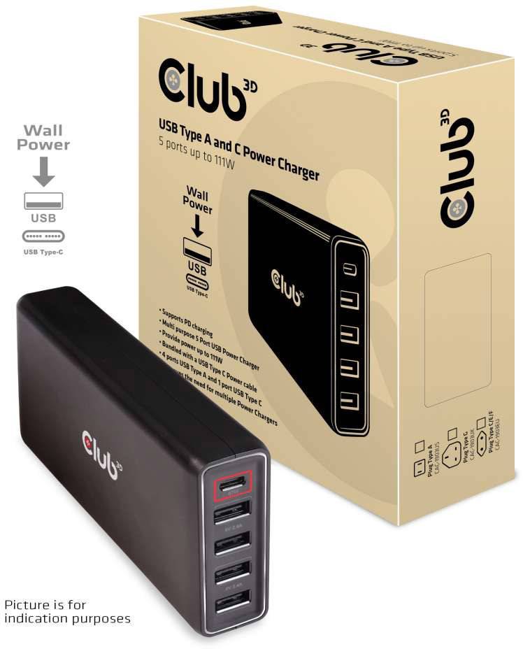 Club3D Schnellladegerät 1xUSB Typ C, 4xUSB Typ A, PD 111W retail Multimedia-Technik Ladegerät