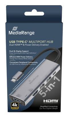 MediaRange HUB USB-C 5 in 1 Multiport Adapter, silber Multimedia-Technik HUBs