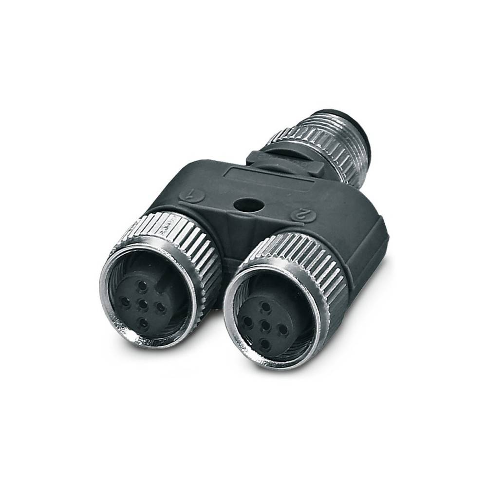Ein schwarzer Y-förmiger Elektrostecker mit drei kreisförmigen Buchsen und metallischen Enden, der zum Verbinden mehrerer Kabel verwendet wird.