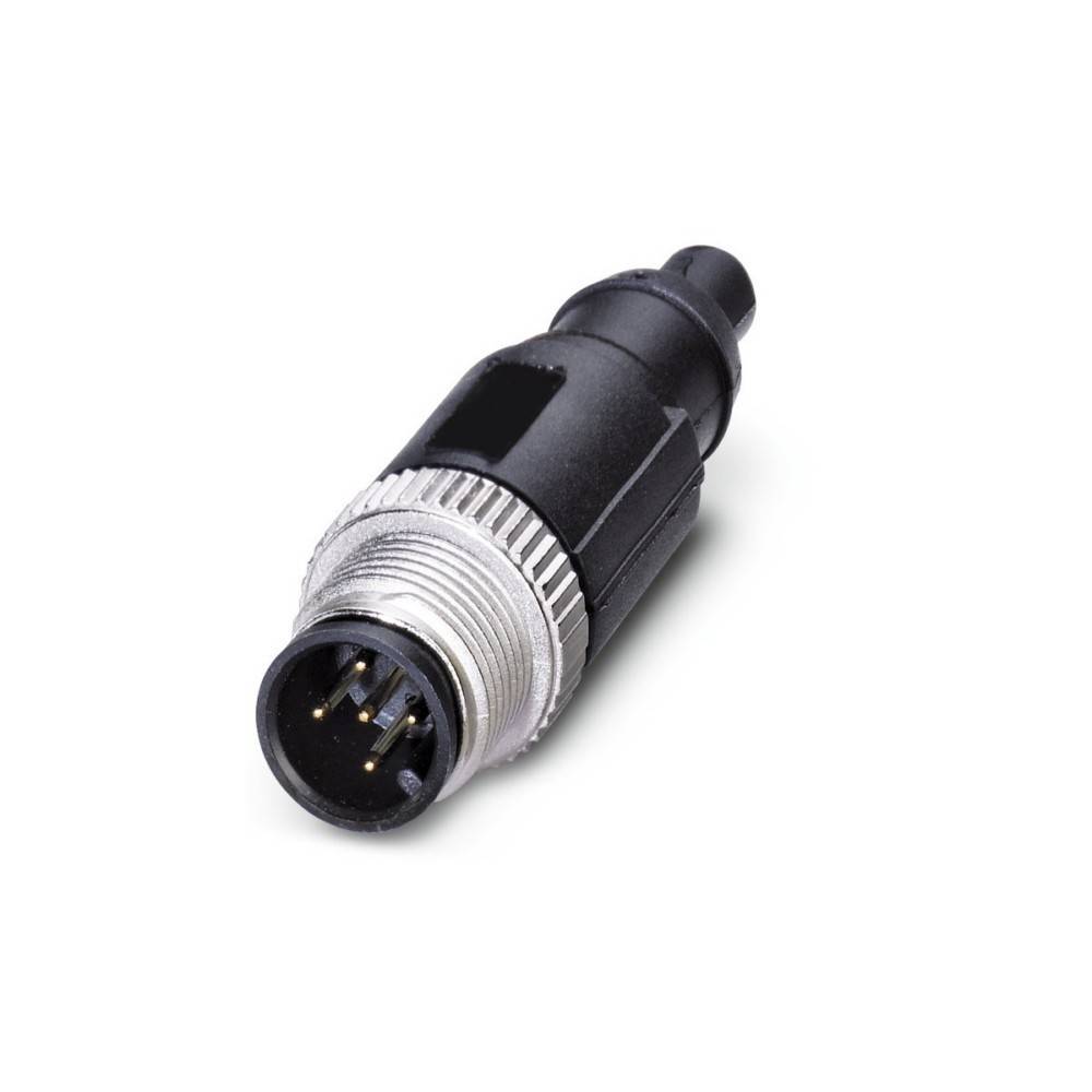 Ein Metall- und Kunststoff-5-Pin-Elektrostecker mit Schraubverriegelungsmechanismus, verwendet für Audio- oder MIDI-Geräte, von der Seite betrachtet.