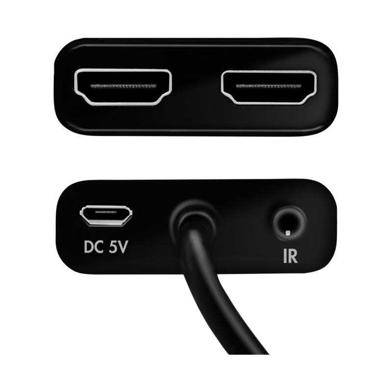 HDMI-Verteiler mit zwei Anschlüssen, DC 5V-Eingang und IR-Anschluss. Schwarzes Kabel, das mit dem Gerät verbunden ist.