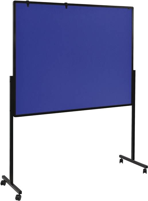 Tragbare Sichtschutzwand aus blauem Stoff auf einem schwarzen fahrbaren Metallgestell mit verstellbarem Stützfuß.