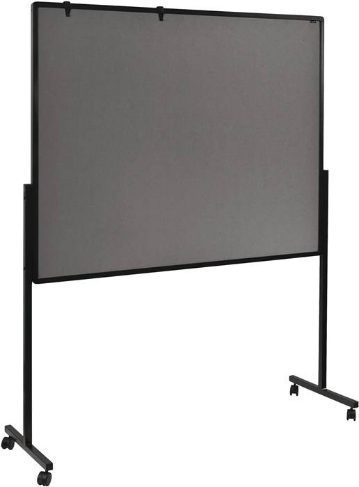 Freistehendes graues Stoff-Präsentationsdisplay-Panel auf schwarzem Rahmen mit Rollen und Laufrollen.