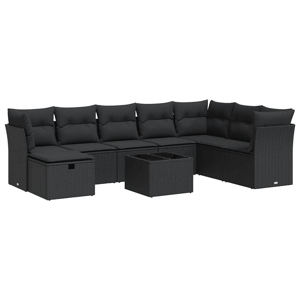 vidaXL 9-tlg. Garten-Sofagarnitur mit Kissen Schwarz Poly Rattan