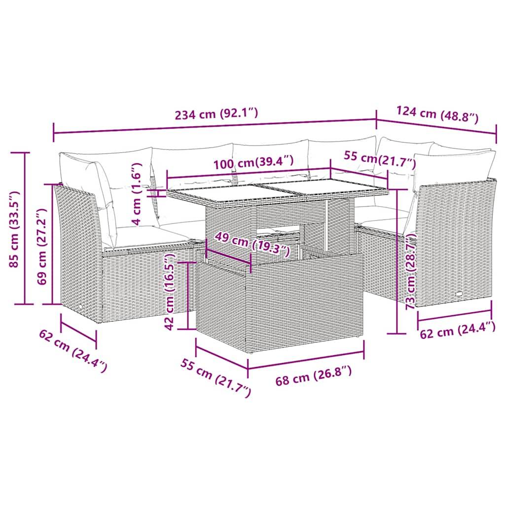 vidaXL 6-tlg. Garten-Sofagarnitur mit Kissen Schwarz Poly Rattan
