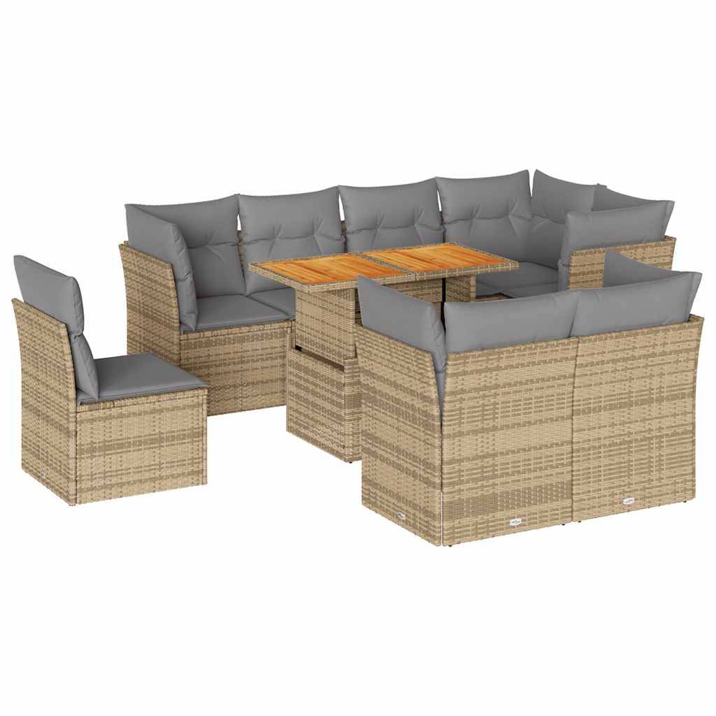 vidaXL 9-tlg. Garten-Sofagarnitur mit Kissen Beige Poly Rattan