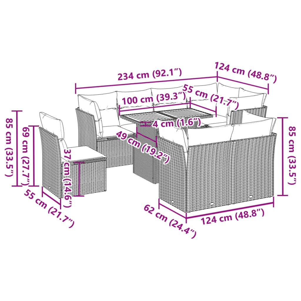 vidaXL 9-tlg. Garten-Sofagarnitur mit Kissen Schwarz Poly Rattan