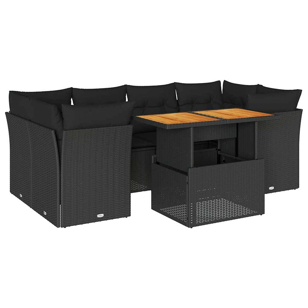 vidaXL 7-tlg. Garten-Sofagarnitur mit Kissen Schwarz Poly Rattan