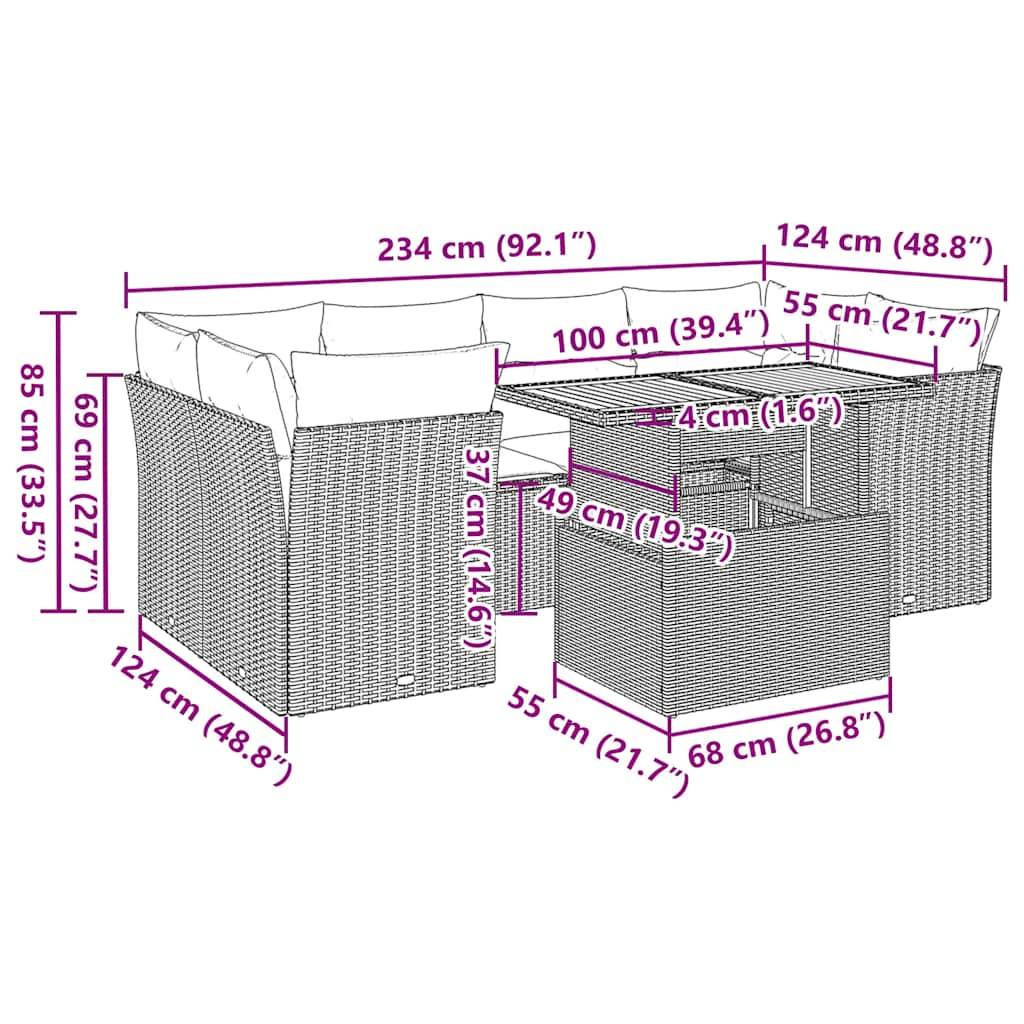 vidaXL 7-tlg. Garten-Sofagarnitur mit Kissen Schwarz Poly Rattan
