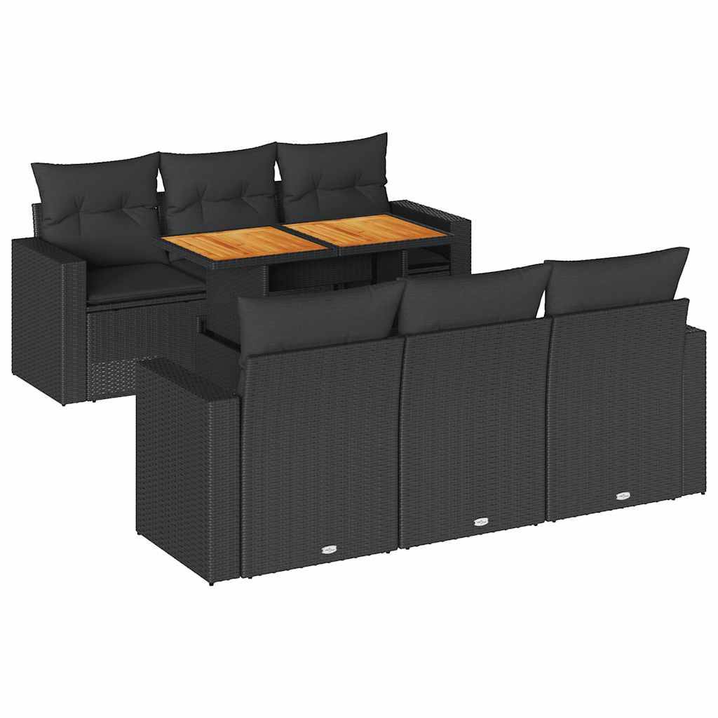 vidaXL 7-tlg. Garten-Sofagarnitur mit Kissen Schwarz Poly Rattan