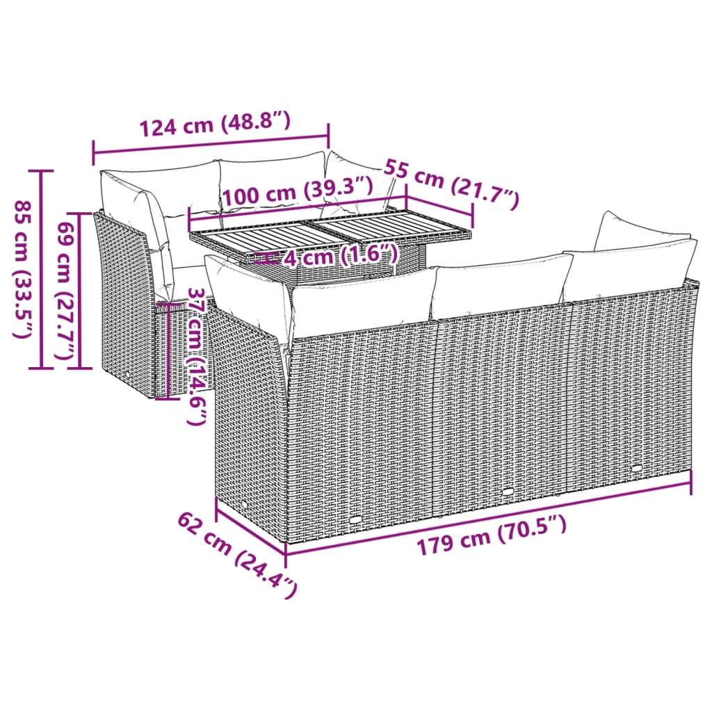 vidaXL 6-tlg. Garten-Sofagarnitur mit Kissen Schwarz Poly Rattan