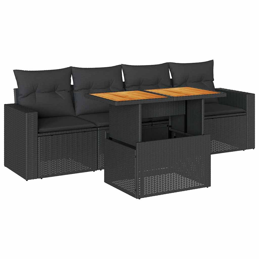 vidaXL 5-tlg. Garten-Sofagarnitur mit Kissen Schwarz Poly Rattan
